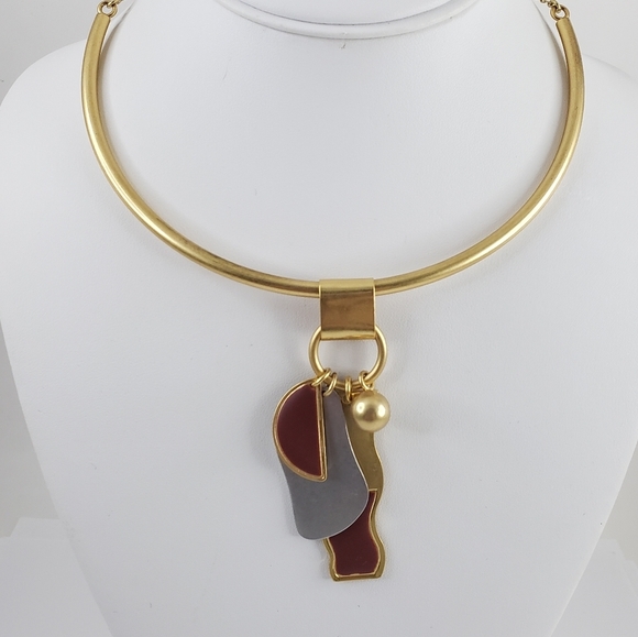 Madewell curved bar necklace - art deco pendants gold + silver tone + red brown - Picture 4 of 9